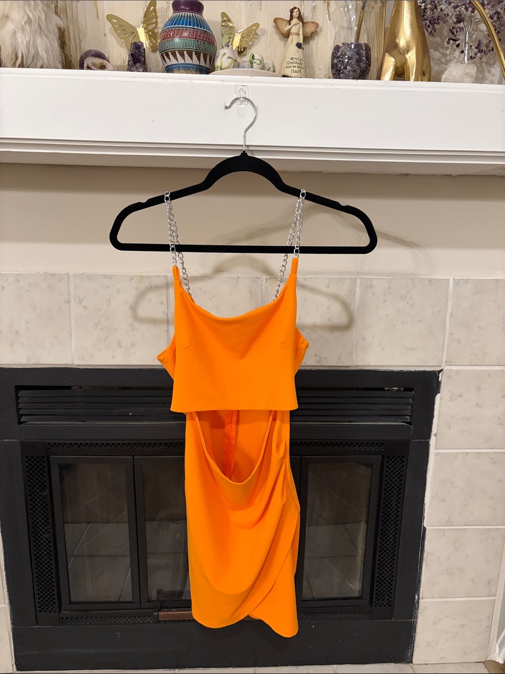 Almost Famous Neon Orange Chain-Strap Draped Mini Dress